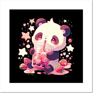 Cute Kawaii Panda with Boba Tea Posters and Art